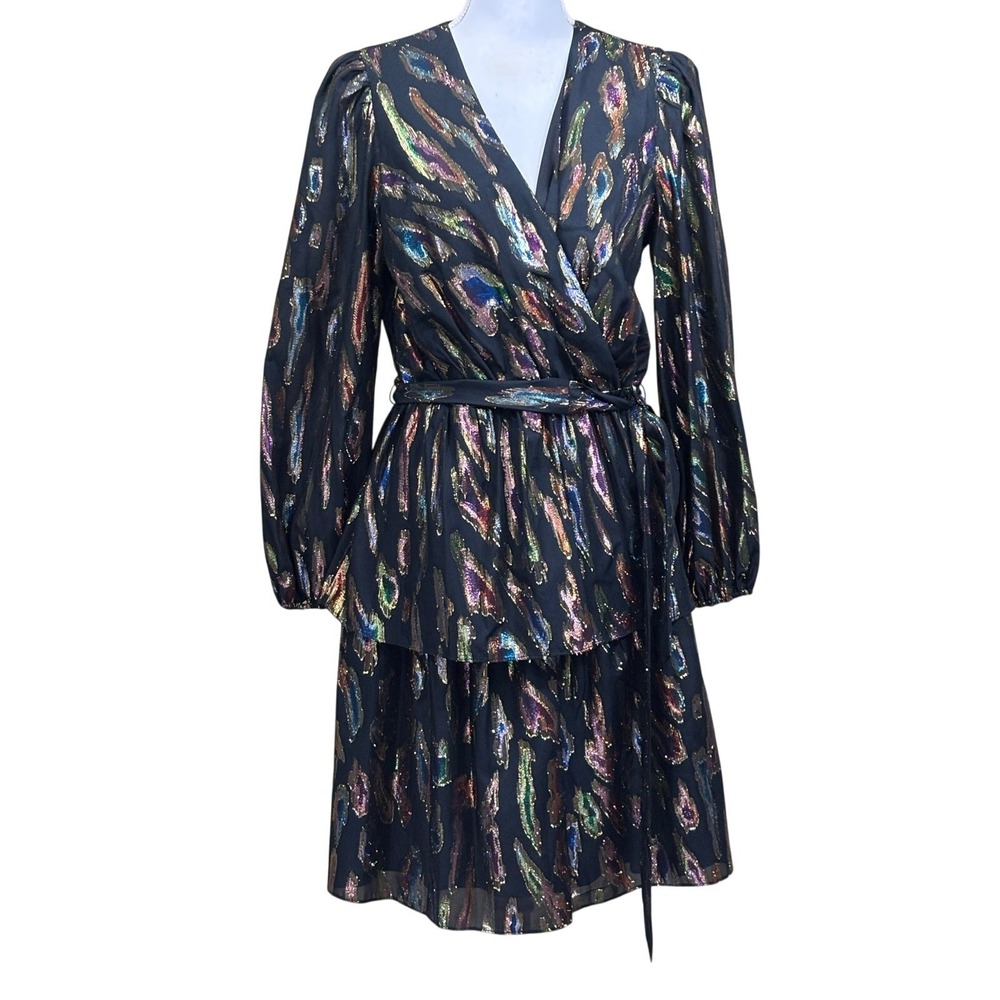 Julia Jordan Metallic Wrap Tiered Dress Cocktail Holiday Maximalist Glamourous